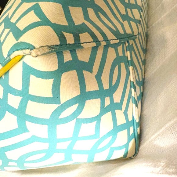 Kate Landry Tote "Like New" Teal/Yellow/White Lattice Design Gold Hardware - Picture 8 of 12
